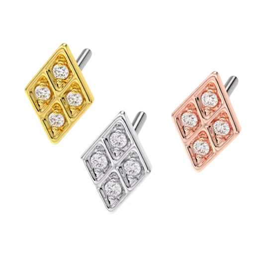 Set of 14k gold piercing ends in yellow, white, and rose gold, each designed in a diamond shape with four round gemstones arranged in a geometric pattern for a refined, modern look.