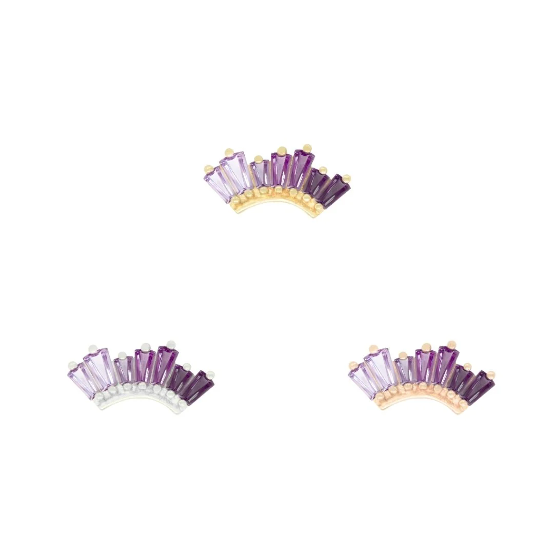 14k gold threadless piercing attachment featuring a fan-shaped arc of baguette-cut amethyst in a purple ombré gradient, suitable for conch, flat, or helix piercings