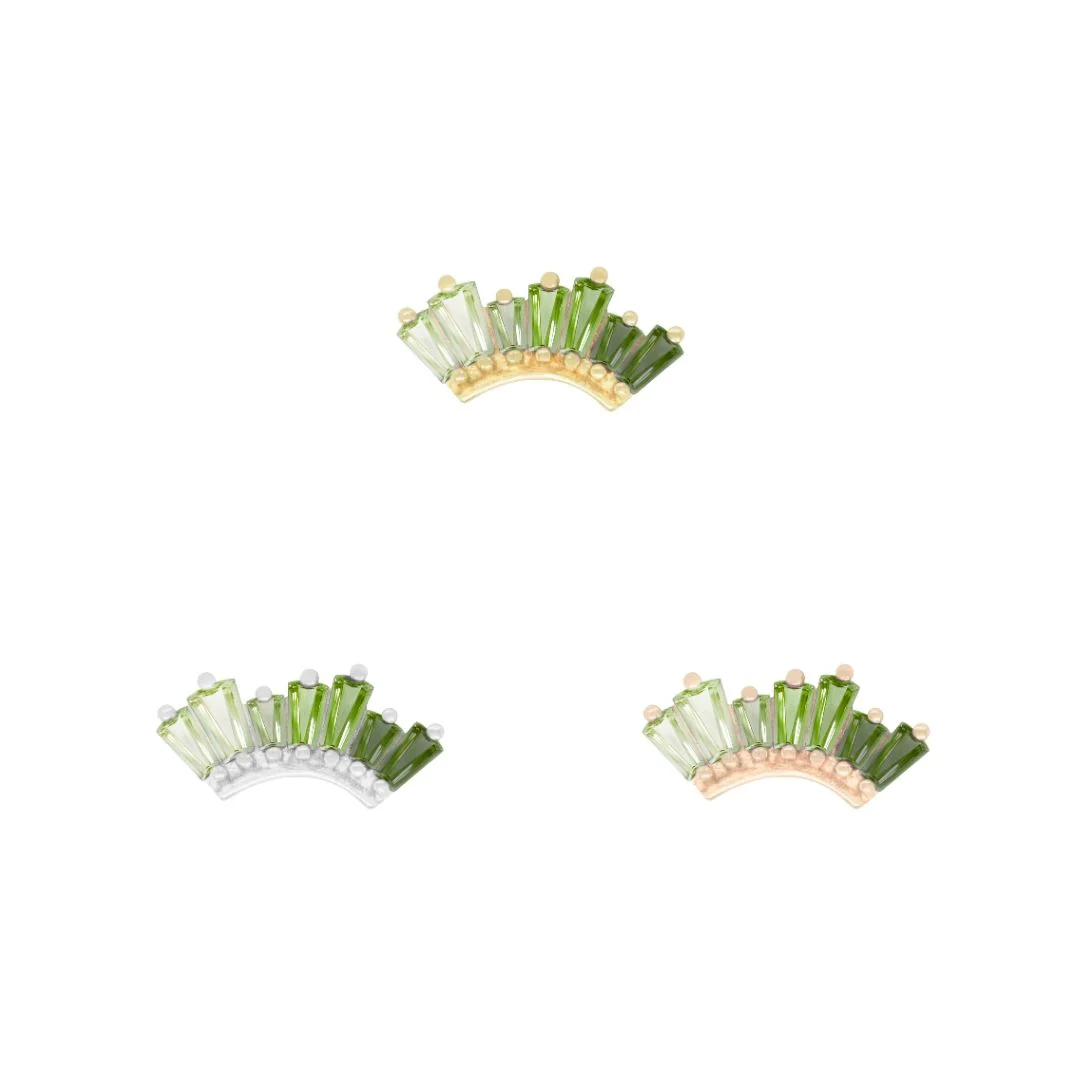 14k gold threadless piercing attachment with a fan-shaped arc of baguette-cut green tourmaline and peridot stones in an ombré gradient, suitable for conch, helix, or flat piercings