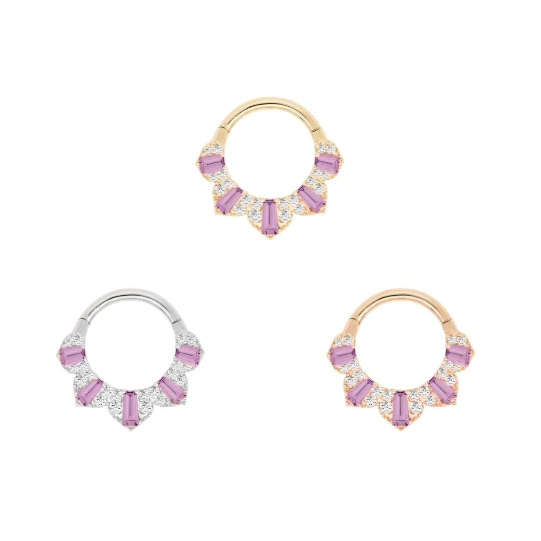 14k gold clicker ring for septum or daith piercings, set with alternating baguette-cut amethyst and pavé diamonds in a fan-shaped arc