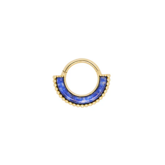 14k gold clicker ring with deep blue lapis inlay and gold beaded detailing, luxury body piercing jewellery