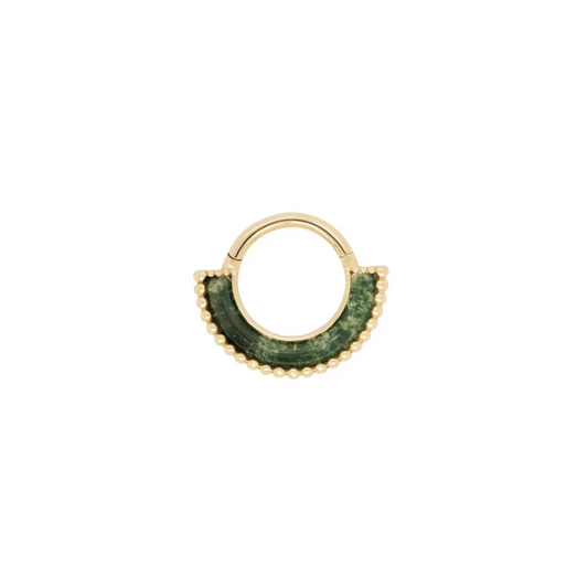 14k gold clicker ring with moss agate inlay and delicate gold beaded edging, premium body piercing jewellery