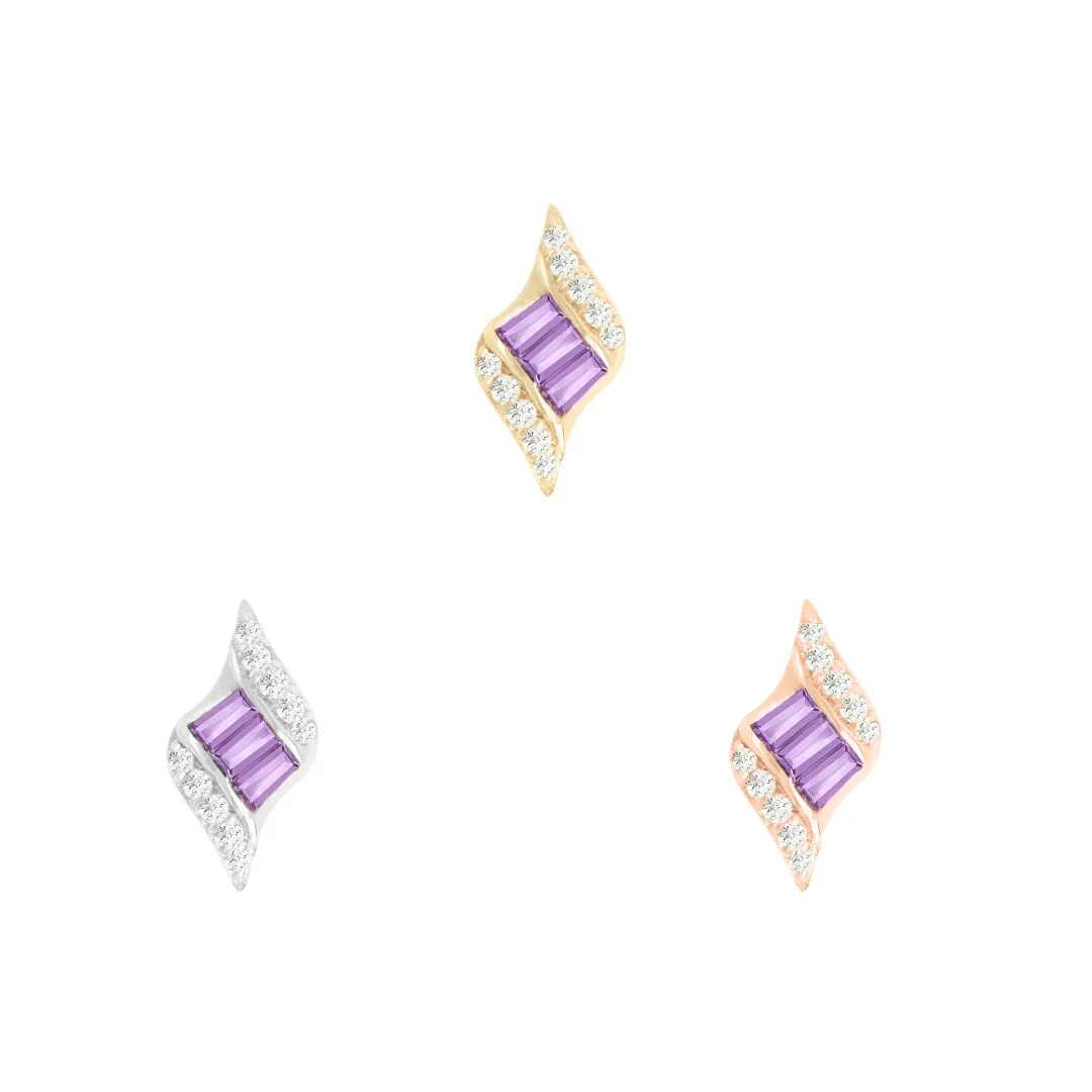 14k gold threadless piercing attachment with two baguette-cut amethysts framed by curved pavé-set cubic zirconia, suitable for flat, lobe, or helix piercings