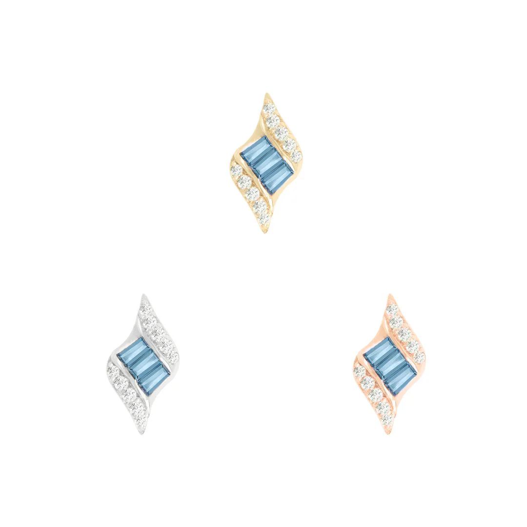 14k gold threadless piercing attachment with baguette-cut London blue topaz and curved pavé-set cubic zirconia, suitable for helix, flat, or lobe piercings
