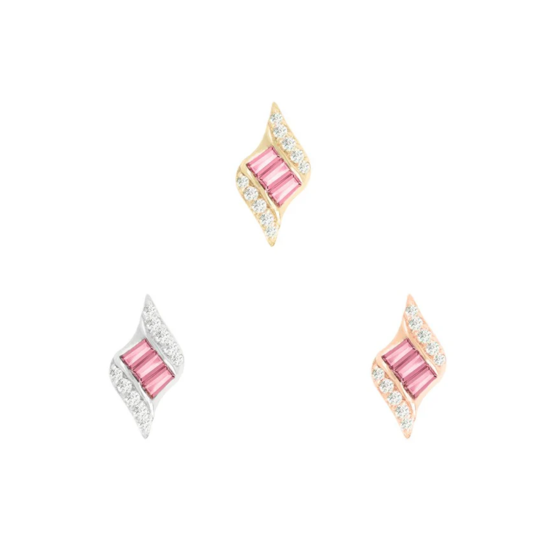 14k gold threadless piercing attachment with baguette-cut pink tourmaline and curved pavé-set cubic zirconia, suitable for lobe, helix, or flat piercings