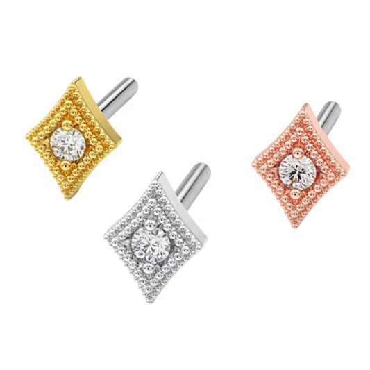 Set of three 14k gold piercing ends in yellow, white, and rose gold, each featuring a central round gemstone framed by double milgrain detailing in a diamond-shaped design for an elegant, vintage-inspired look.