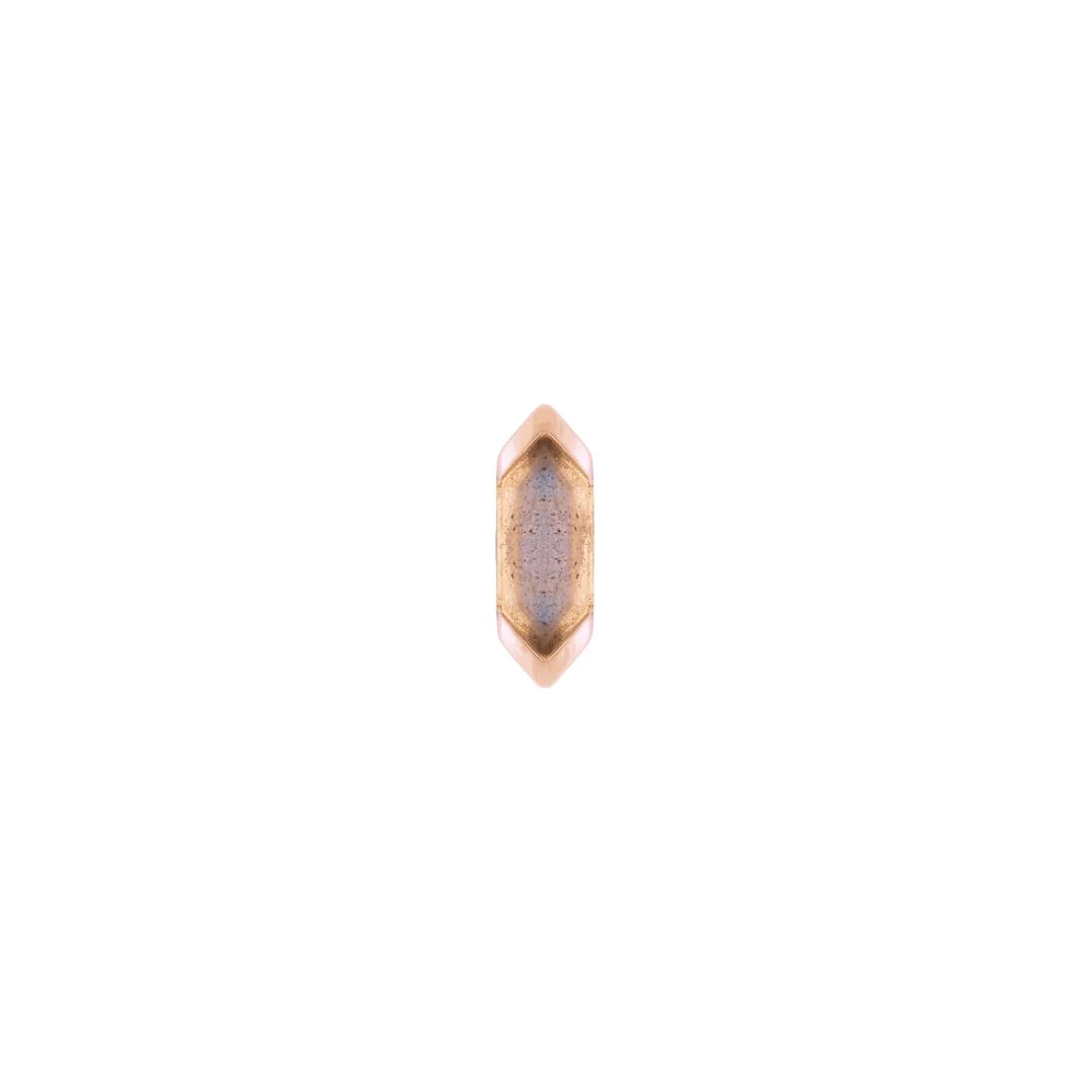 14k gold hexagon shaped threadless end with natural labradorite gemstone, luxury piercing jewellery