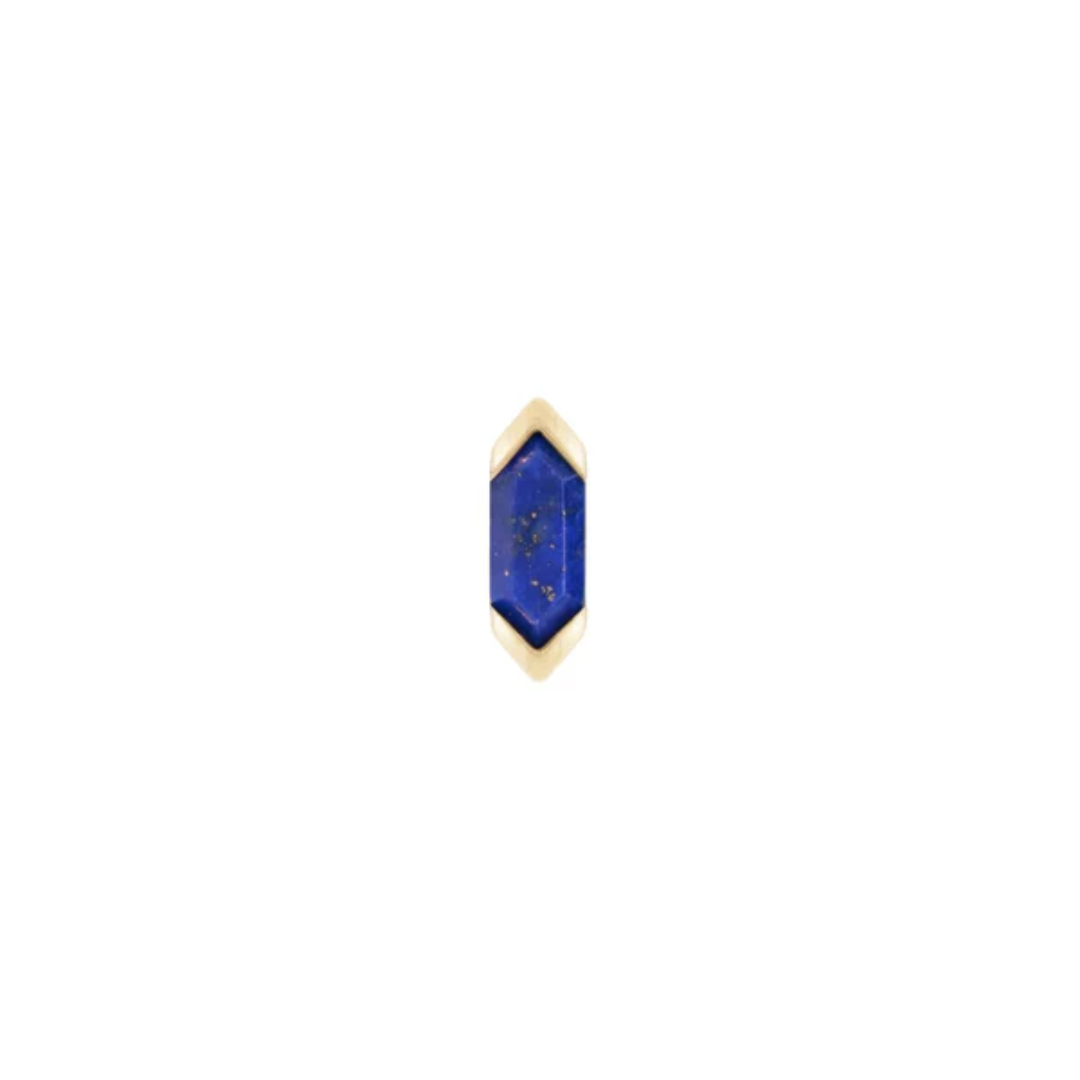 14k gold hexagon threadless end set with lapis lazuli gemstone showing natural golden flecks, luxury body jewellery