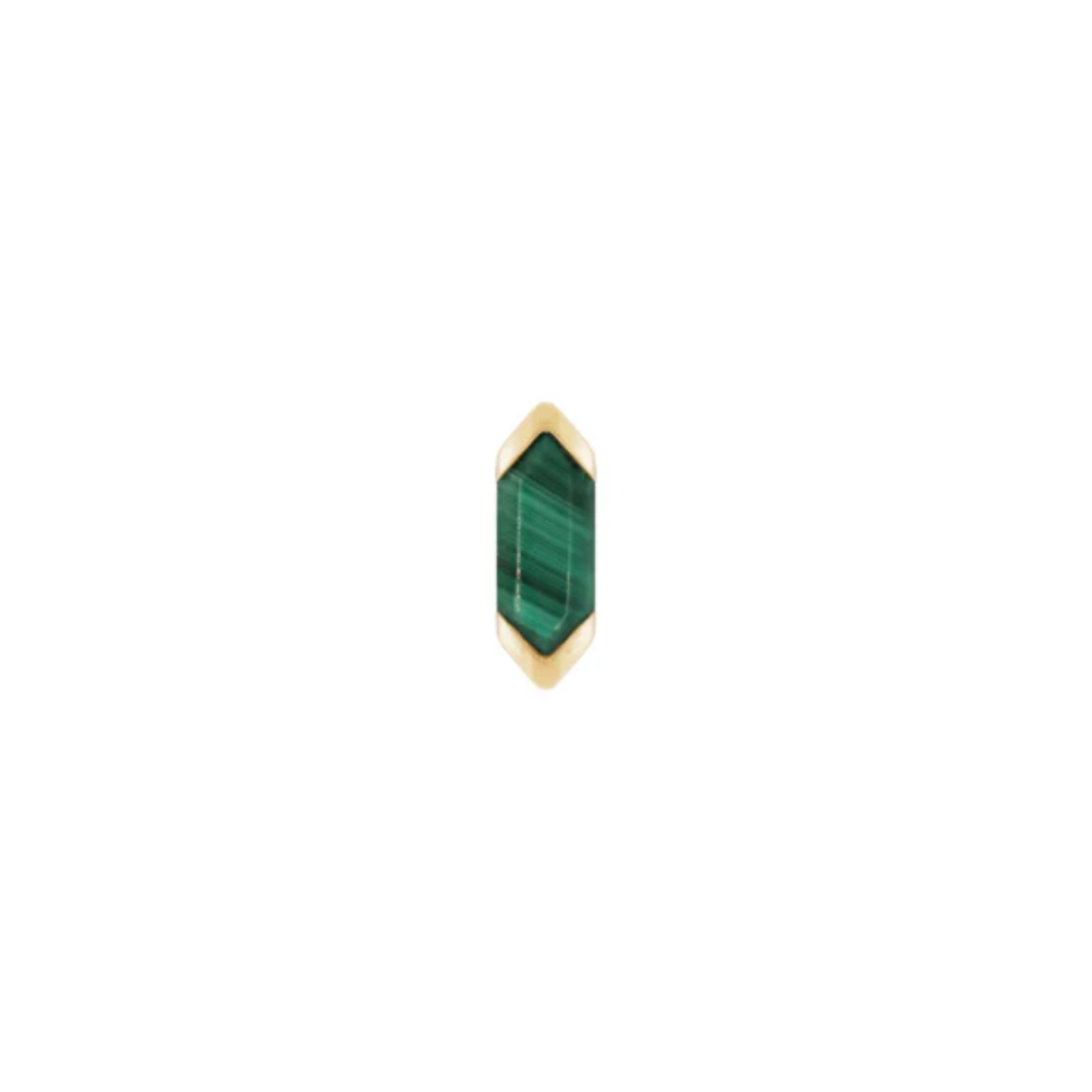 14k gold hexagon threadless end with polished green malachite gemstone showing natural banded pattern, luxury piercing jewellery
