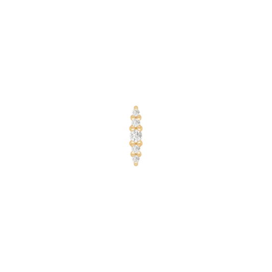 14k gold linear body piercing end with a vertical row of natural diamonds, designed for luxury ear piercings such as flat, helix, lobe, and conch piercings.
