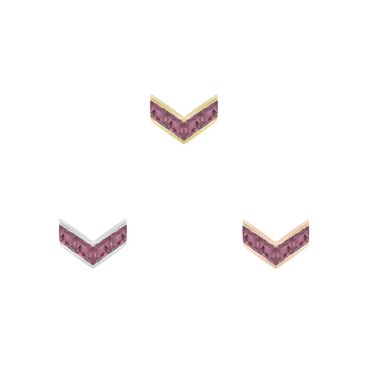 14k gold chevron-shaped threadless piercing attachment with channel-set amethyst, suitable for lobe, helix, or flat piercings