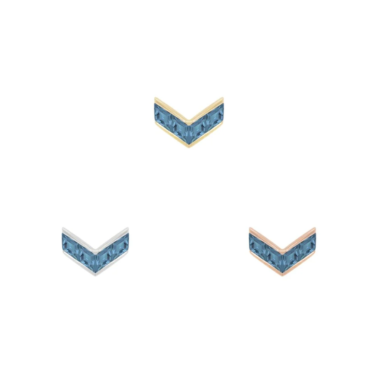 14k gold threadless chevron-shaped piercing attachment with channel-set London blue topaz stones, suitable for helix, flat, or lobe piercings