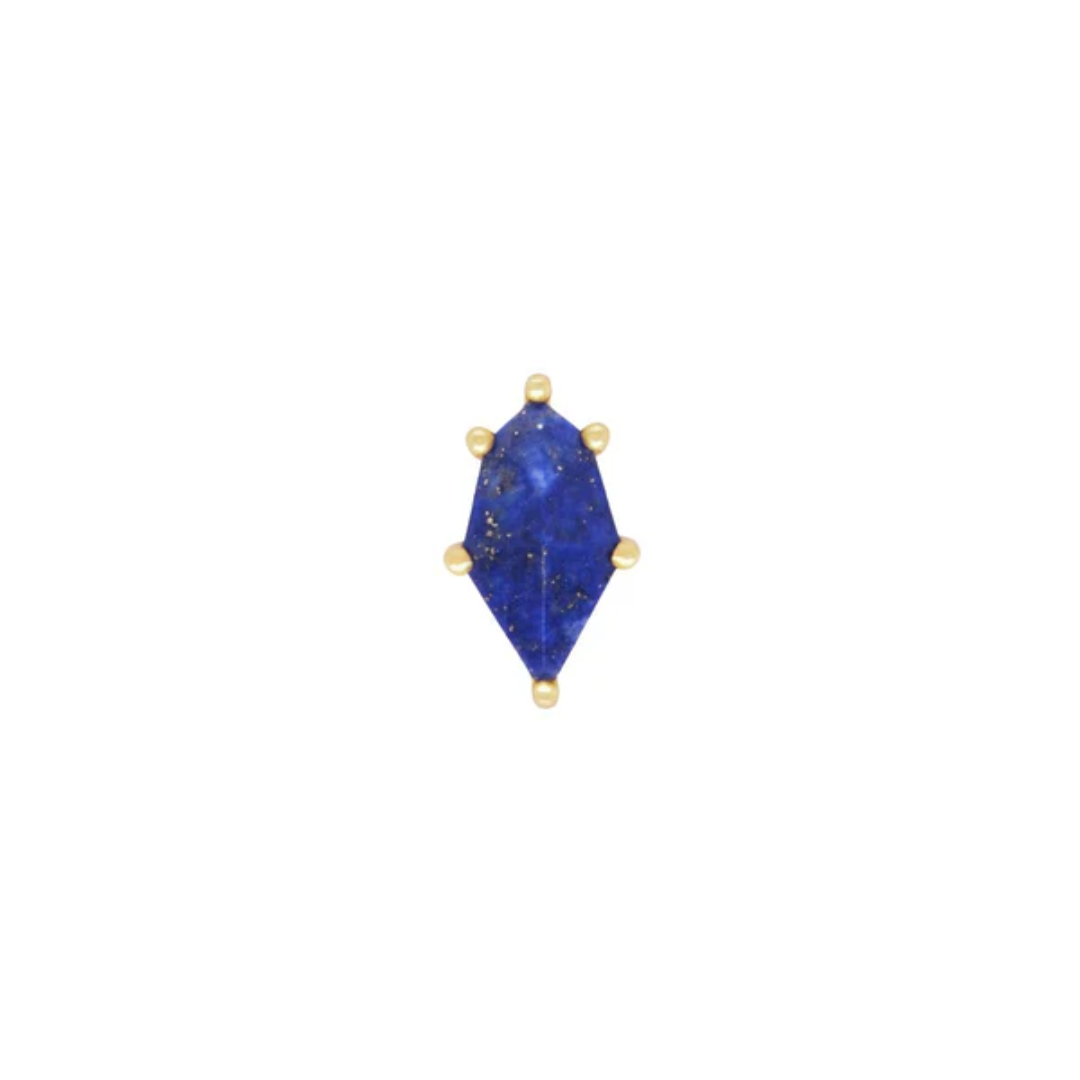 14k gold threadless end with kite shaped lapis lazuli gemstone secured by six gold prongs, luxury body piercing jewellery