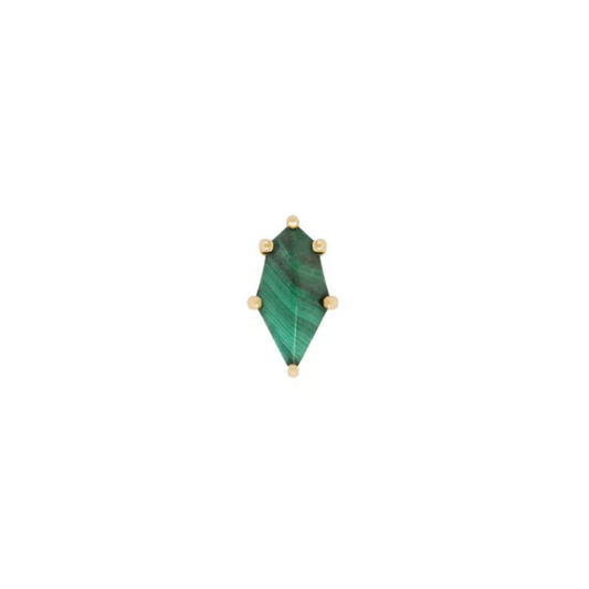 14k gold threadless end with kite shaped malachite gemstone and six gold prongs, luxury body piercing jewellery