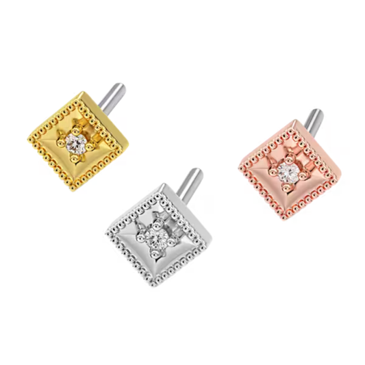 Set of three 14k gold piercing ends in yellow, white, and rose gold, each designed in a square shape with fine milgrain edges and a central round gemstone for a vintage-inspired luxury finish.
