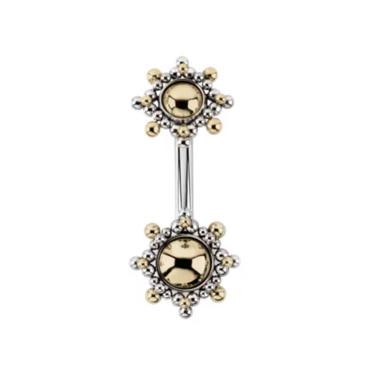gold and silver Array double-ended navel bar by Le Roi Jewelry