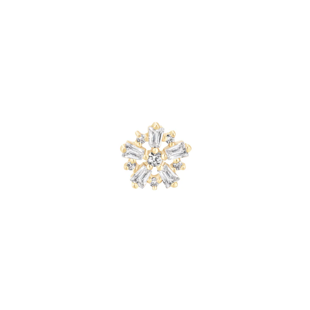 Audacious CZ Threadless End – Snowflake-inspired 14k gold piercing jewelry with baguette-cut and round cubic zirconia, available in white, yellow, and rose gold.