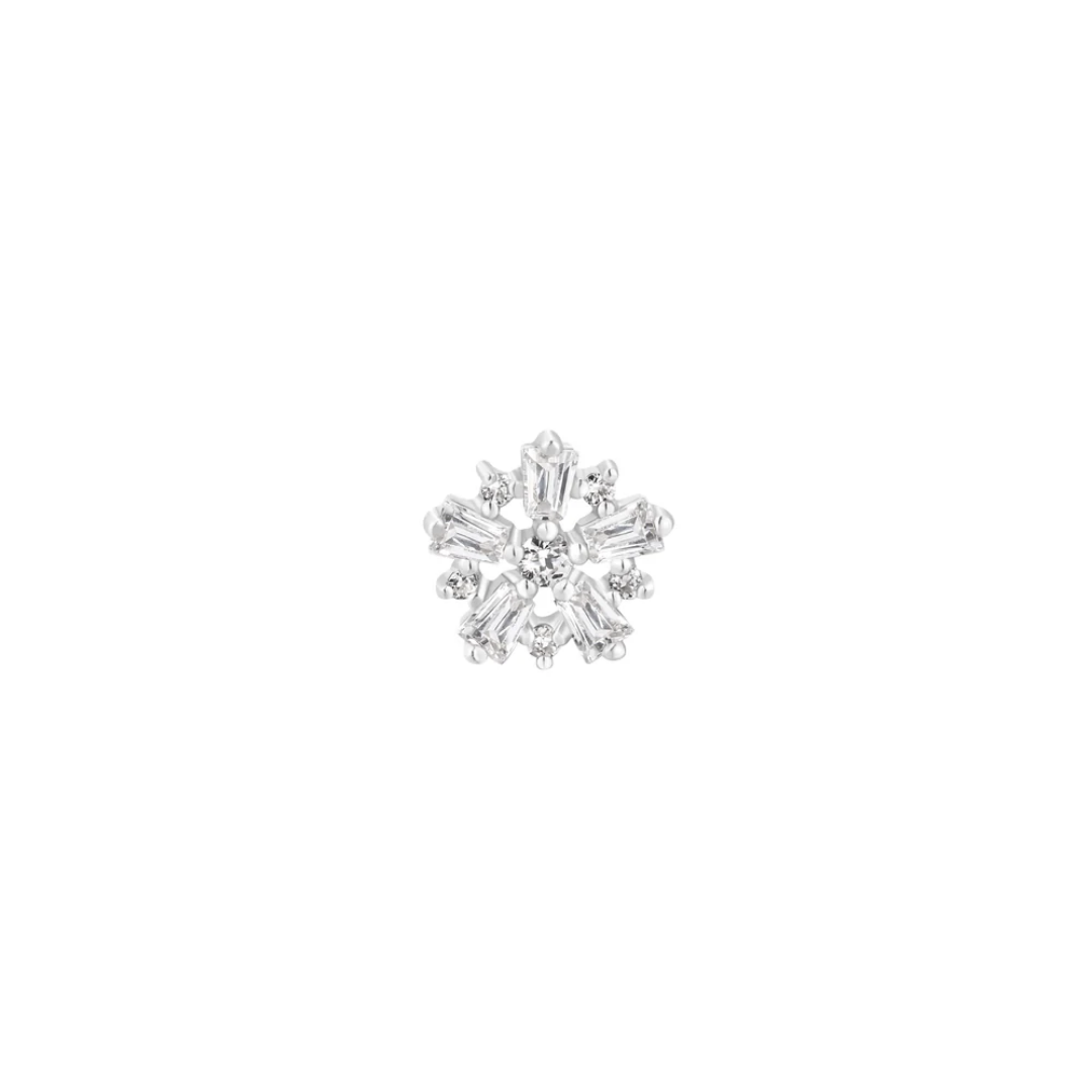 Audacious CZ Threadless End – Snowflake-inspired 14k gold piercing jewelry with baguette-cut and round cubic zirconia, available in white, yellow, and rose gold.