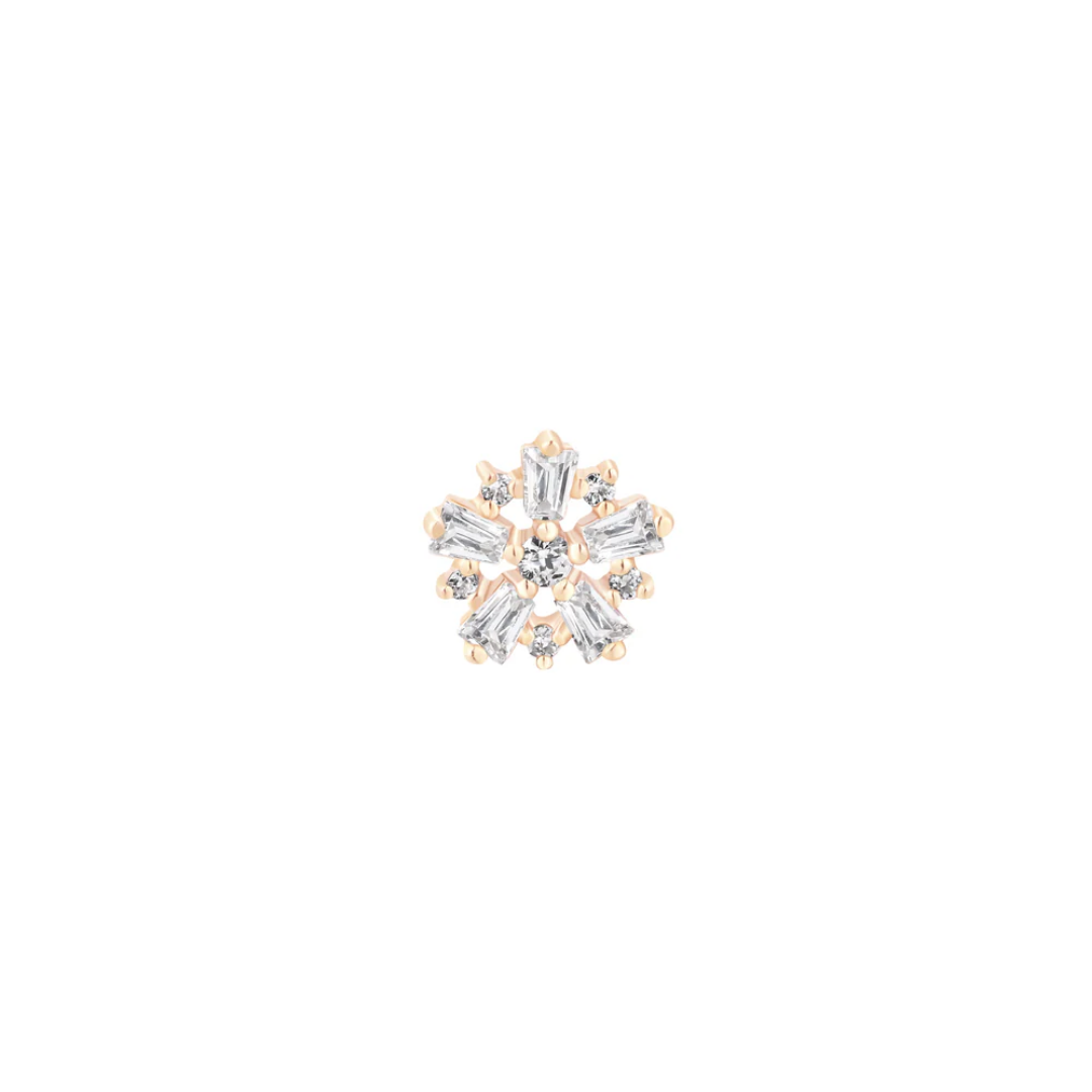 Audacious CZ Threadless End – Snowflake-inspired 14k gold piercing jewelry with baguette-cut and round cubic zirconia, available in white, yellow, and rose gold.