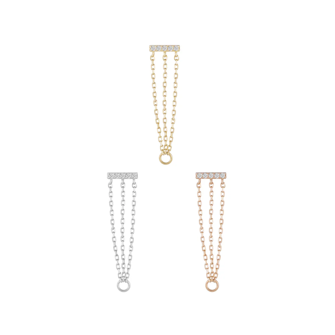Auralie CZ Threadless End – Elegant triple-chain 14k gold piercing accessory with pavé cubic zirconia bar, available in white, yellow, and rose gold