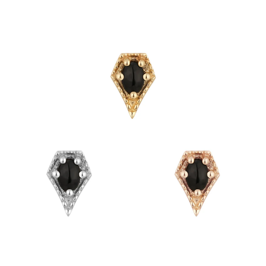Cadence black spinel threadless end – 14k gold body jewelry in yellow, white, and rose gold, featuring a gothic-inspired geometric design
