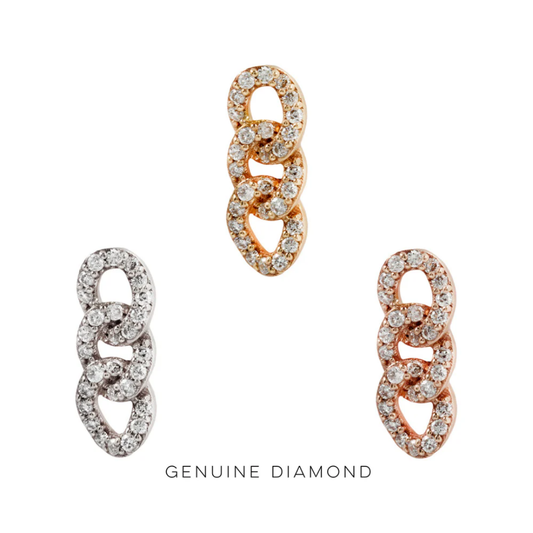 Chainlink Genuine Diamond threadless end – a luxurious 14k gold body jewelry piece with pavé-set diamonds in an interlocking chain design, available in yellow, white, and rose gold