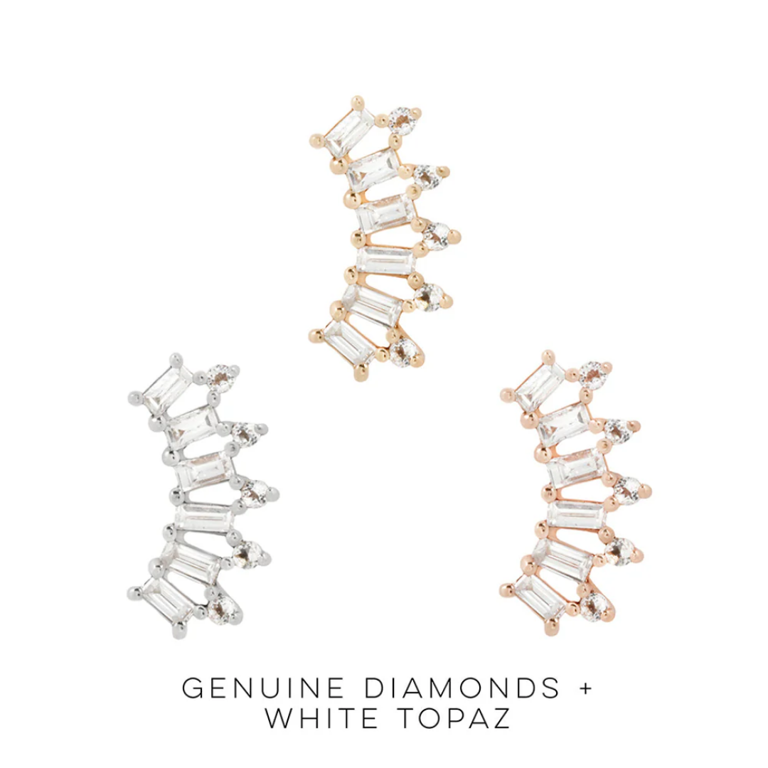 GSTQ threadless end with genuine diamonds and white topaz baguettes in a curved design – available in yellow, white, and rose gold for helix, conch, flat, or lobe piercings