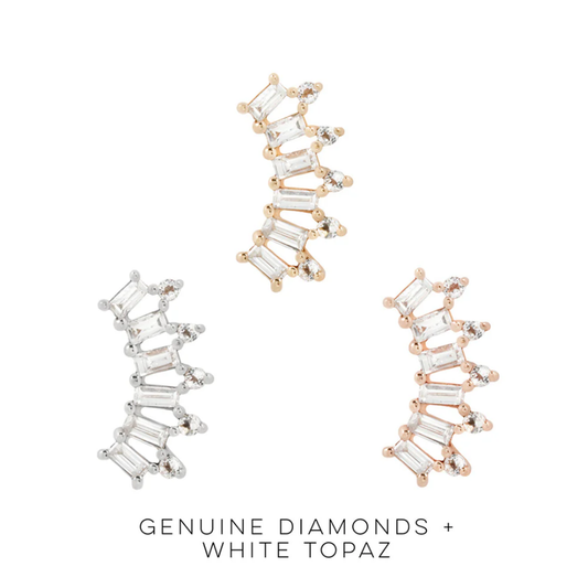 GSTQ threadless end with genuine diamonds and white topaz baguettes in a curved design – available in yellow, white, and rose gold for helix, conch, flat, or lobe piercings