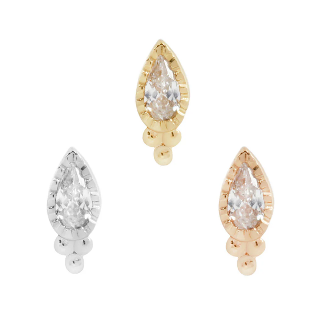 Gala threadless end with pear-shaped cubic zirconia and beaded gold detailing in yellow, white, and rose gold – luxury body jewellery for helix, conch, flat, lobe, or nostril piercings