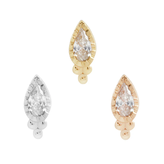 Gala threadless end with pear-shaped cubic zirconia and beaded gold detailing in yellow, white, and rose gold – luxury body jewellery for helix, conch, flat, lobe, or nostril piercings