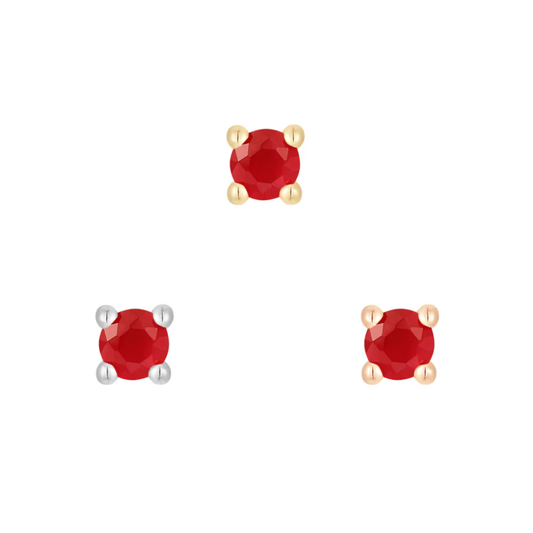 Garnet Prong threadless end with round-cut red garnet in four-prong setting, available in yellow, white, and rose gold – luxury threadless jewellery for helix, lobe, flat, nostril, or philtrum piercings