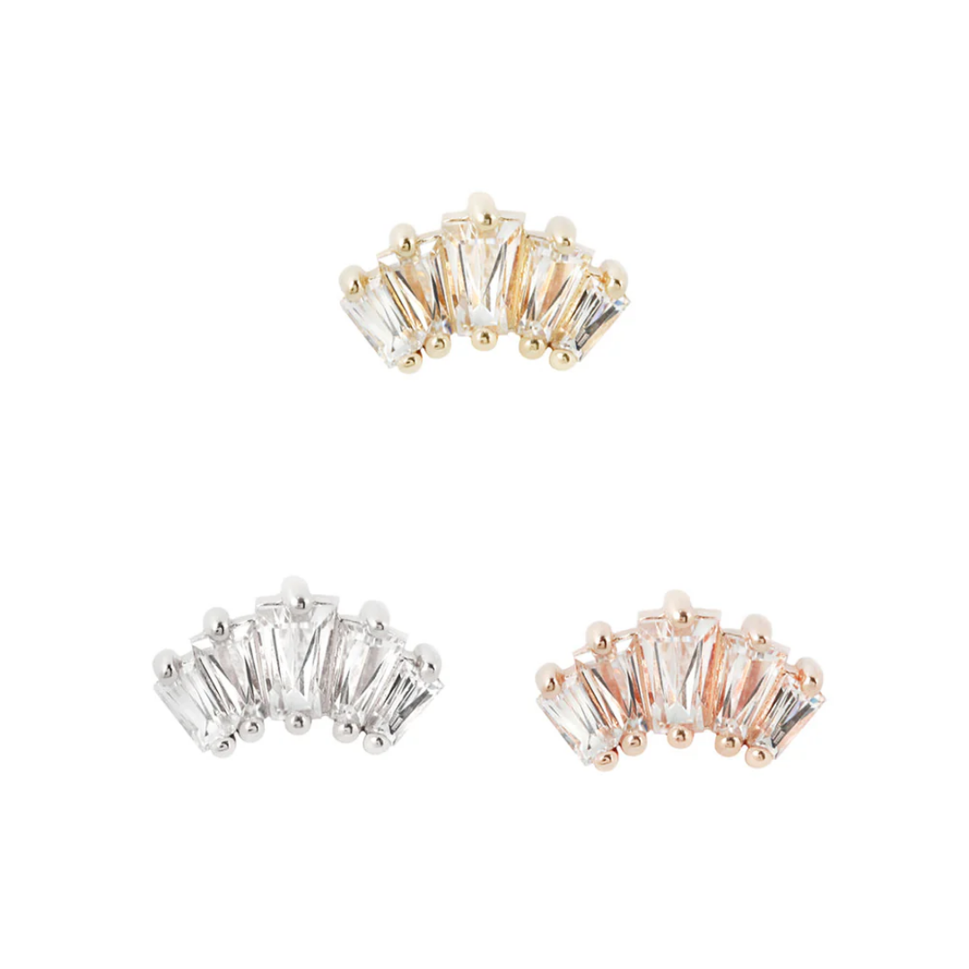 Gemma Trios threadless end with three baguette-cut cubic zirconia stones in yellow, white, and rose gold – minimalist arc body jewellery for flat, helix, lobe, or conch piercings