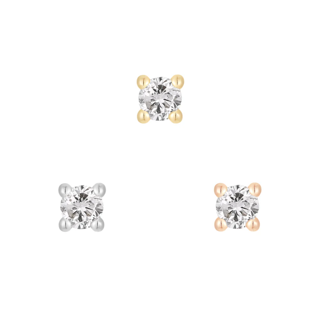 Genuine Diamond Prong threadless end with round-cut diamond in four-prong setting, available in yellow, white, and rose gold – luxury body jewellery for lobe, helix, nostril, or philtrum piercings
