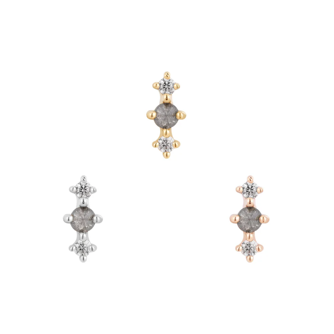 Ghost Flower threadless end with grey diamond and white diamonds in a floral trio design, available in yellow, white, and rose gold – luxury threadless body jewellery for helix, lobe, flat, or philtrum piercings