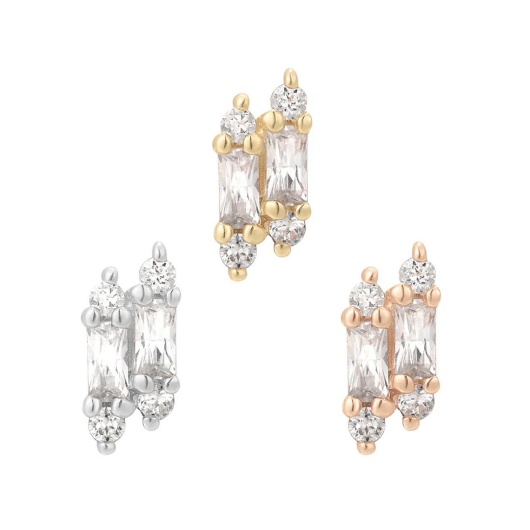 Gimme More threadless end with twin baguette and round cubic zirconia stones in yellow, white, and rose gold – luxury body jewellery for flat, helix, conch, or lobe piercings