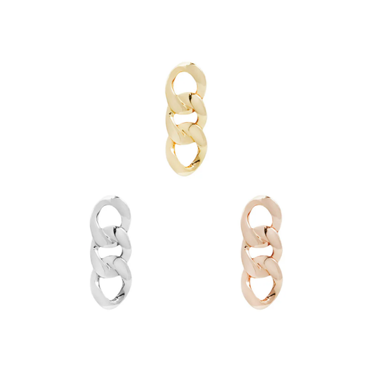 Gold Chain threadless end with three polished gold links in yellow, white, and rose gold – modern chain-style body jewellery for flat, helix, lobe, or conch piercings