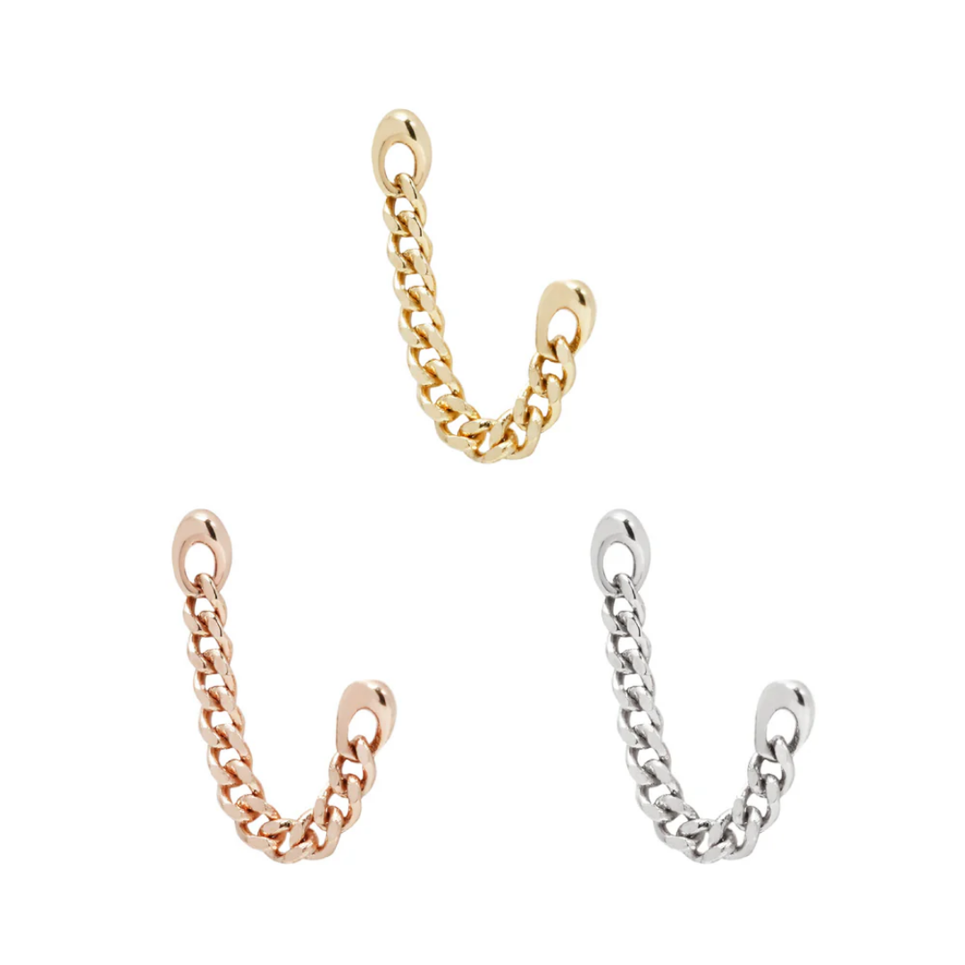 Gold Drip threadless end with curved chain link design in yellow, white, and rose gold – modern body jewellery for flat, helix, or lobe piercings