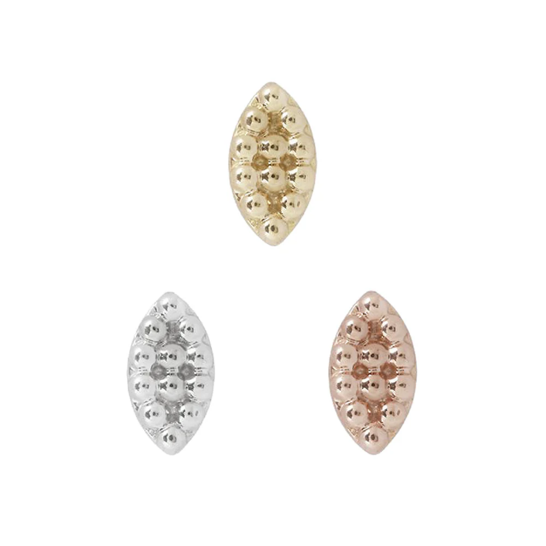 Goldblooded threadless end with beaded texture and marquise gold plate in yellow, white, and rose gold – bold luxury body jewellery for flat, helix, conch, or lobe piercings