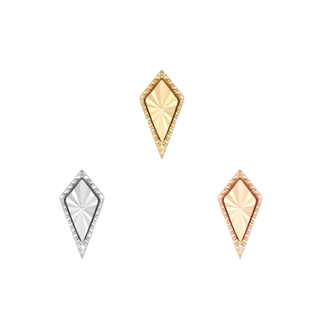 Good As Hell threadless end with sunburst engraving and textured diamond shape in yellow, white, and rose gold – bold geometric body jewellery for flat, helix, lobe, or philtrum piercings