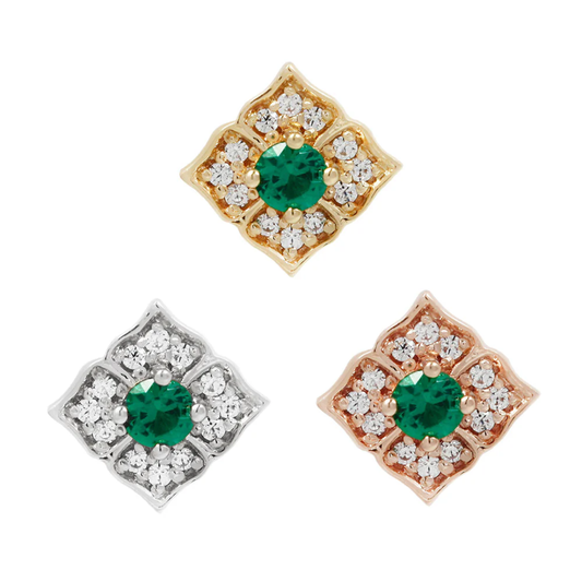 "Grace threadless end with green spinel centre and cubic zirconia halo in quatrefoil setting – elegant gold body jewellery for flat, helix, lobe, or philtrum piercings
