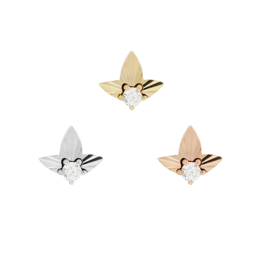 Gratitude threadless end with cubic zirconia and stylised three-leaf gold design in yellow, white, and rose gold – elegant nature-inspired body jewellery for flat, helix, lobe, or philtrum piercings