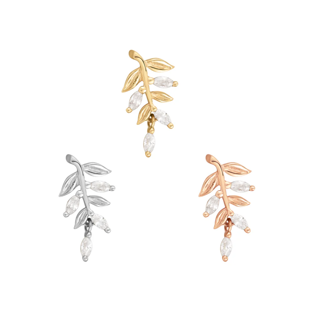 Growth threadless end with marquise-cut cubic zirconia and sculpted gold leaf branch design in yellow, white, and rose gold – nature-inspired body jewellery for flat, helix, lobe, or conch piercings