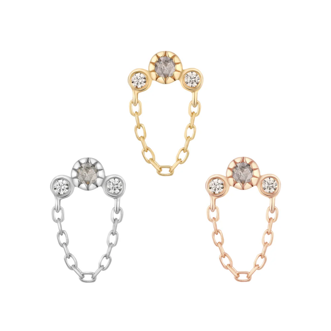 Halston threadless end with genuine diamonds and chain detail in yellow, white, and rose gold – luxury body jewellery for flat, helix, conch, or lobe piercings
