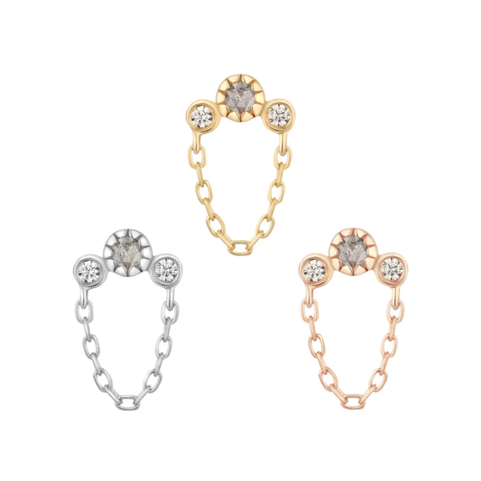 Halston threadless end with genuine diamonds and chain detail in yellow, white, and rose gold – luxury body jewellery for flat, helix, conch, or lobe piercings