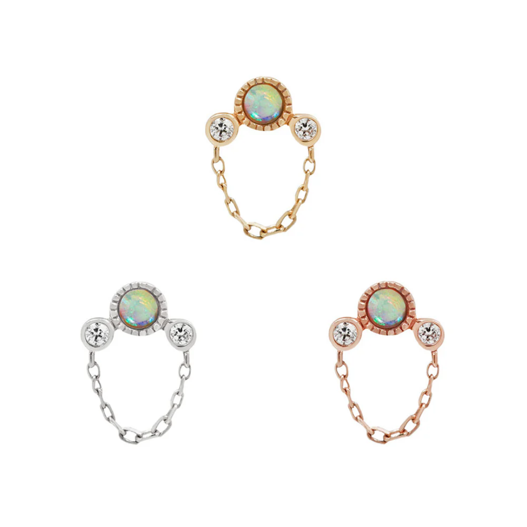 Halston threadless end with opal centre stone, cubic zirconia accents, and chain detail in yellow, white, and rose gold – ethereal body jewellery for flat, helix, lobe, or conch piercings