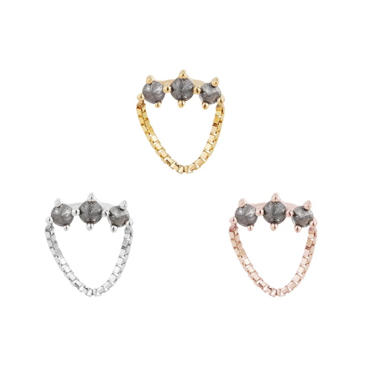 Halston threadless end with reverse-set grey diamonds and gold box chain detail in yellow, white, and rose gold – alternative luxury body jewellery for flat, helix, lobe, or conch piercings