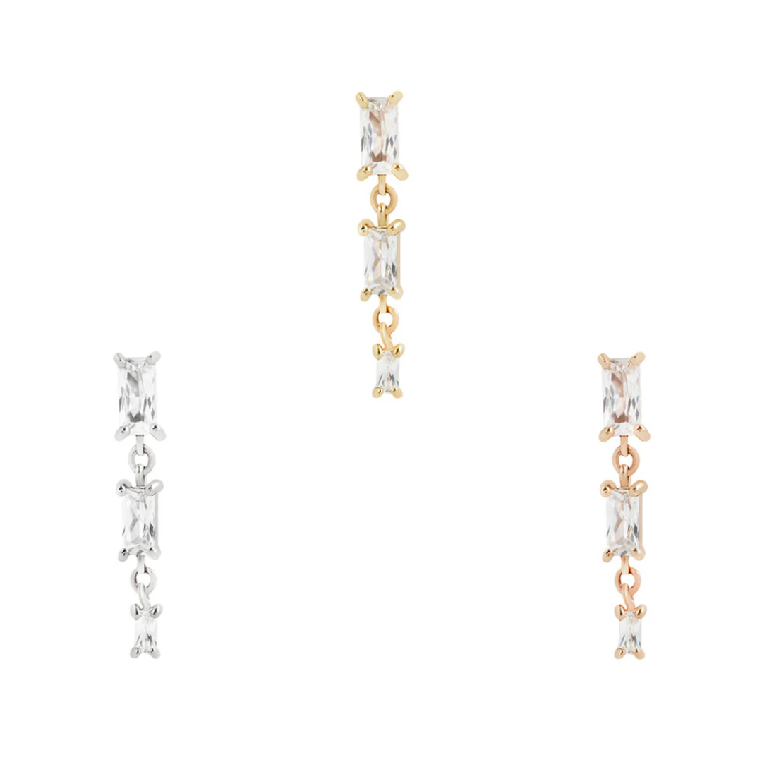 Harlow threadless end with triple baguette cubic zirconia dangle in yellow, white, and rose gold – luxury drop piercing jewellery for helix, lobe, conch, or flat