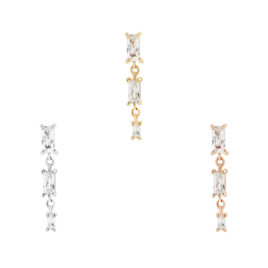 Harlow threadless end with triple baguette cubic zirconia dangle in yellow, white, and rose gold – luxury drop piercing jewellery for helix, lobe, conch, or flat