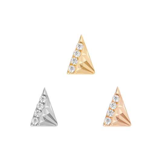 Highlight triangle threadless end with cubic zirconia in 14ct yellow, white, and rose gold – geometric helix or tragus piercing jewellery