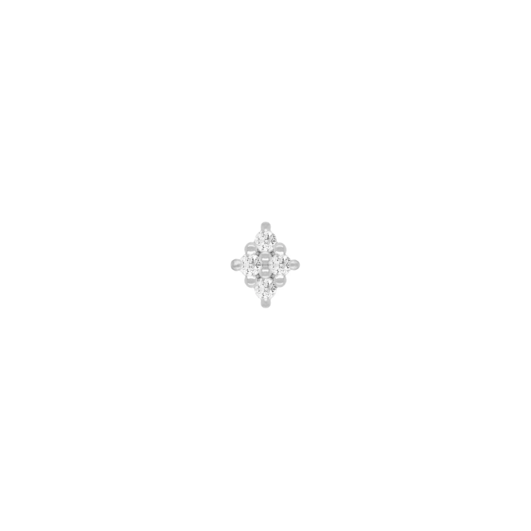 14k gold piercing end featuring a symmetrical cluster of small brilliant-cut diamonds arranged in a soft, floral-inspired shape